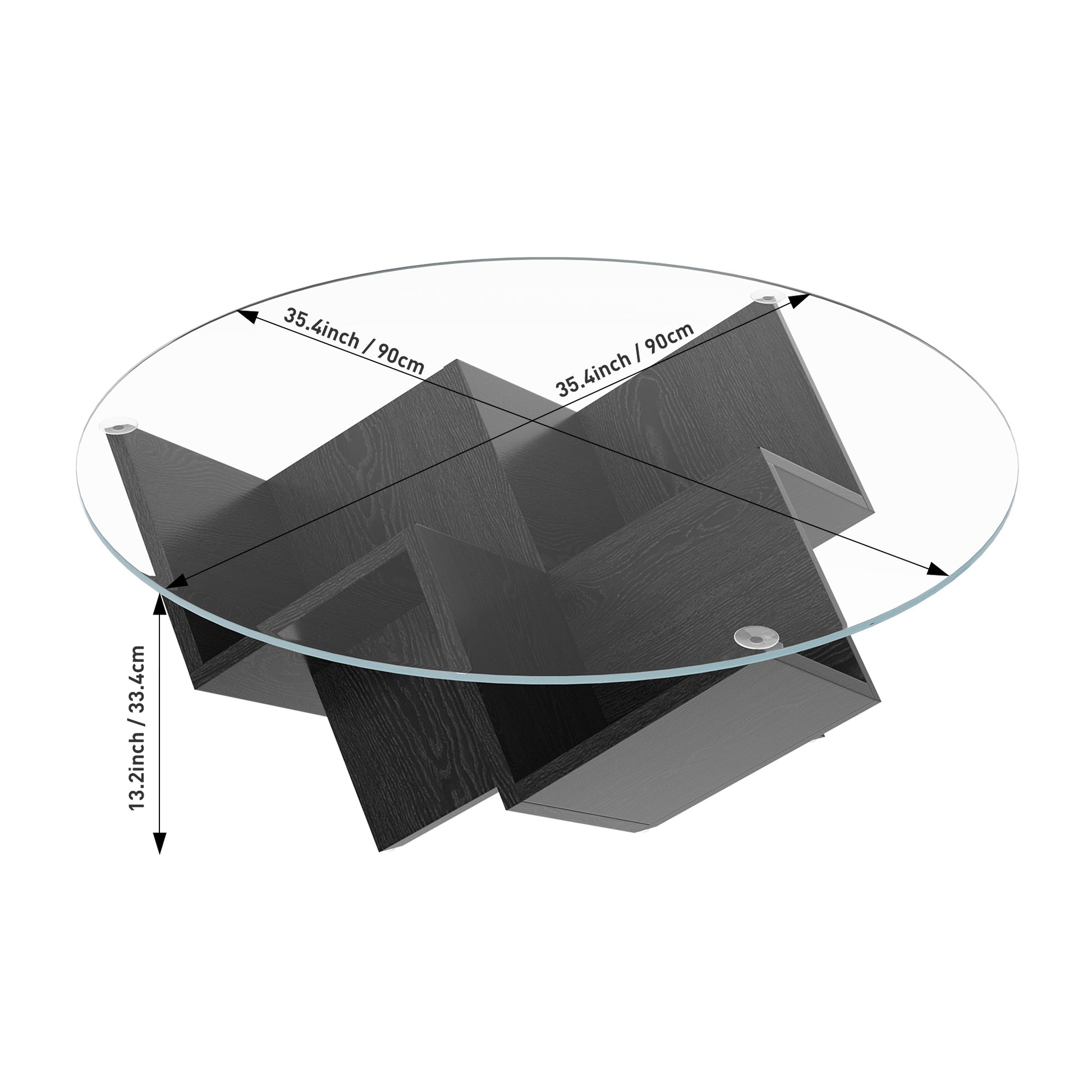 The Round Coffee Table with Glass Top and Geometric Abstract Art Deco Base Storage Shelves, Black, 35.4" image 7