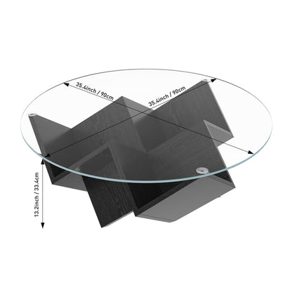 The Round Coffee Table with Glass Top and Geometric Abstract Art Deco Base Storage Shelves, Black, 35.4" image 7