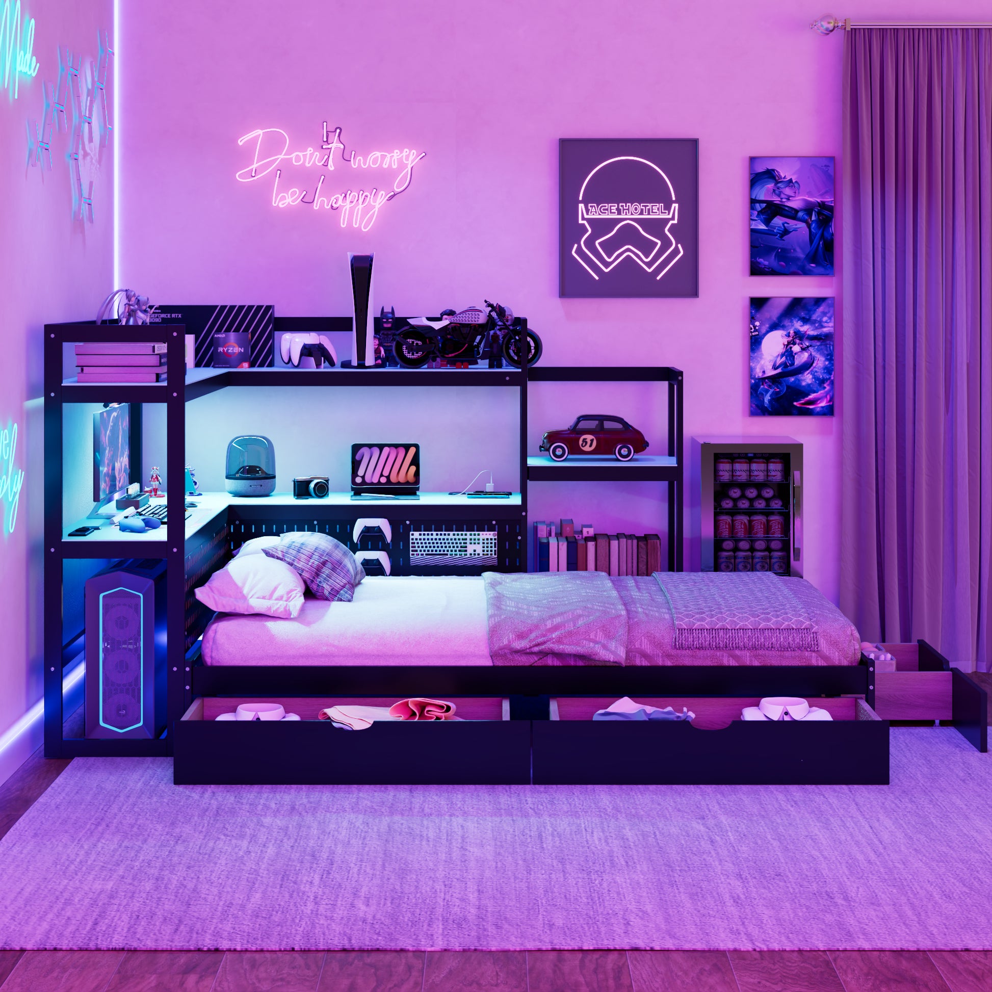 Twin Size Gaming Daybed with Integrated Desk and LED Light, Modern Wooden Bed Frame with 3 Storage Drawers and Built-in Charging Station, Multi-Functional Headboard Bookcase, Black+Blue image 11