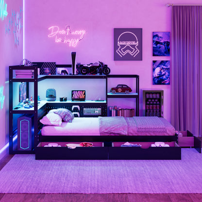 Twin Size Gaming Daybed with Integrated Desk and LED Light, Modern Wooden Bed Frame with 3 Storage Drawers and Built-in Charging Station, Multi-Functional Headboard Bookcase, Black+Blue image 11