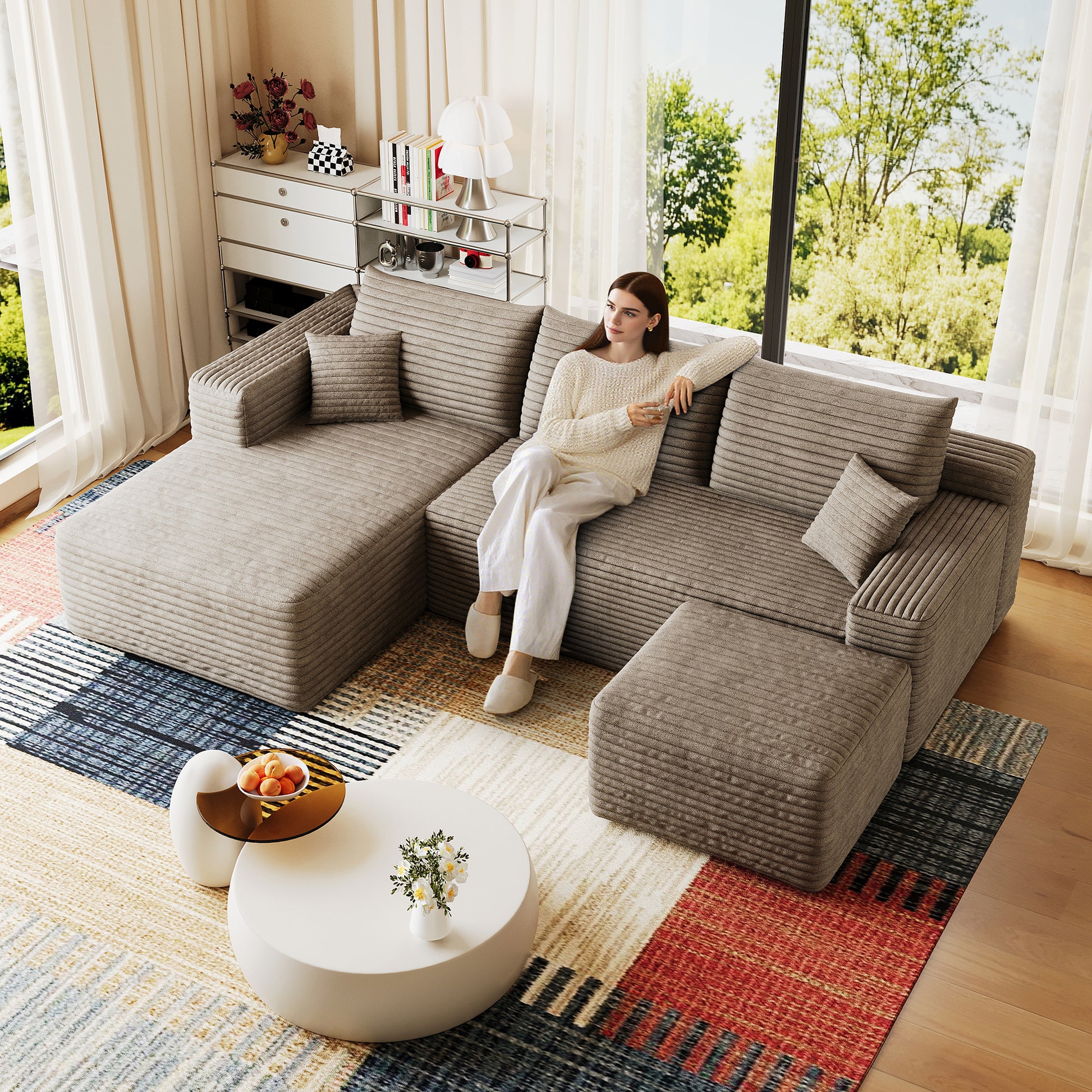 95" Cloud Sectional Sofa with 1 Ottoman,Modern Minimalist Upholstered Couches, Comfort U Shaped Sofa for Living Room,Deep Seat Corner Couch,No Assembly Required,Camel((Plush Corduroy Fabric) image 3