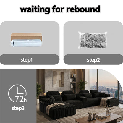 Modern Black corduroy 6-seater U-shaped sofa with lounge chair and cup holder -145.7 inch oversized modular compression sofa, suitable for home theaters, luxury living spaces, tool free assembly image 10