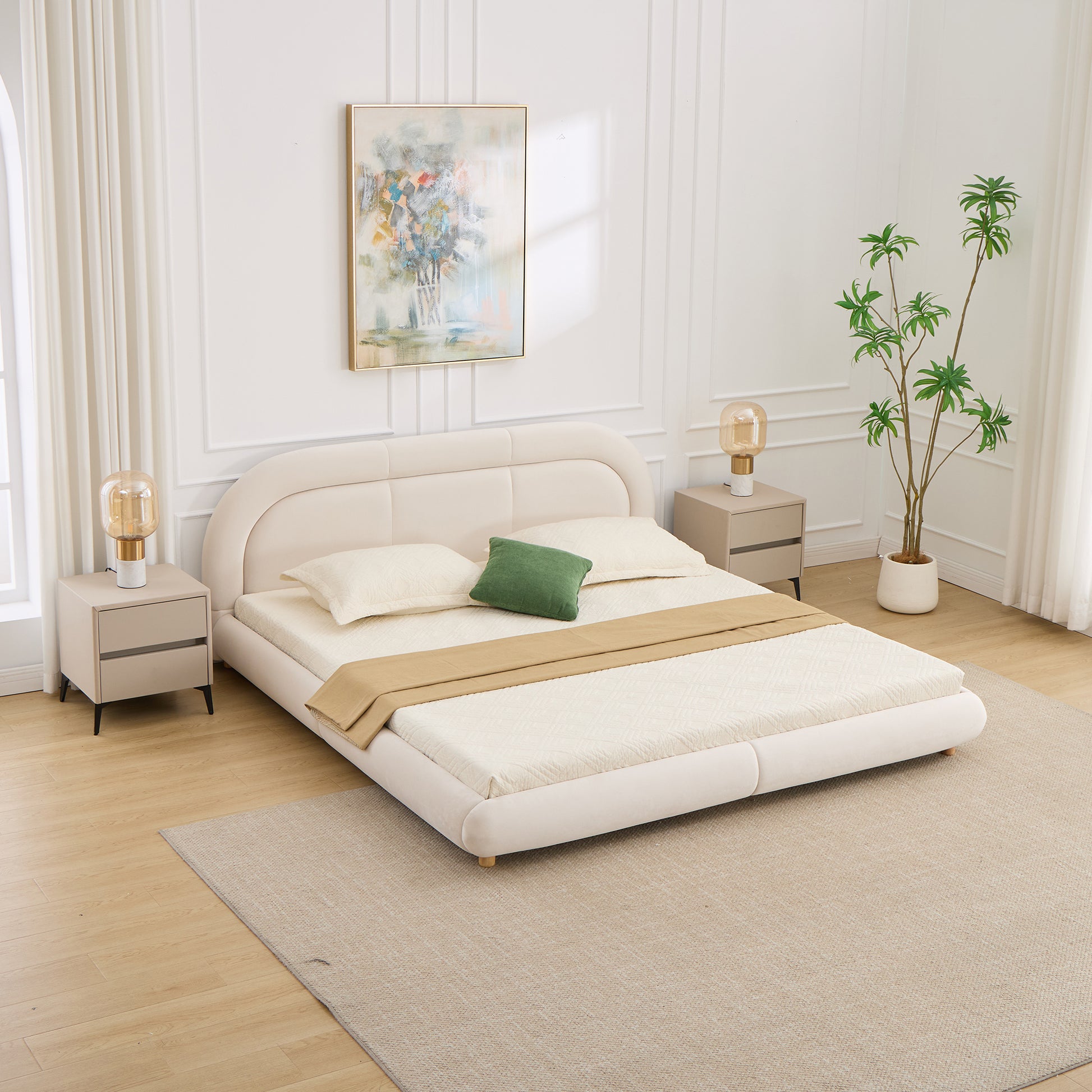 King Size,Modern Curved Upholstered Low Profile Platform Bed with Rounded Headboard(Velvet,Beige) image 3