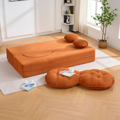 Convertible Sleeper Sofa, Modern Folding Futon Corduroy Floor Foam Compression Loveseat Sofa Bed Couch, Foldable Full Size Guest Bed with 2 Pillows for Living Room Bedroom Apartment, Orange image 3