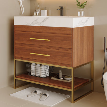 29.9" Modern Free-standing Bathroom Vanity with Sintered Stone Top Ceramic Undermount Sink & Bottom Shelf for Small Bathrooms, Apartment image 5