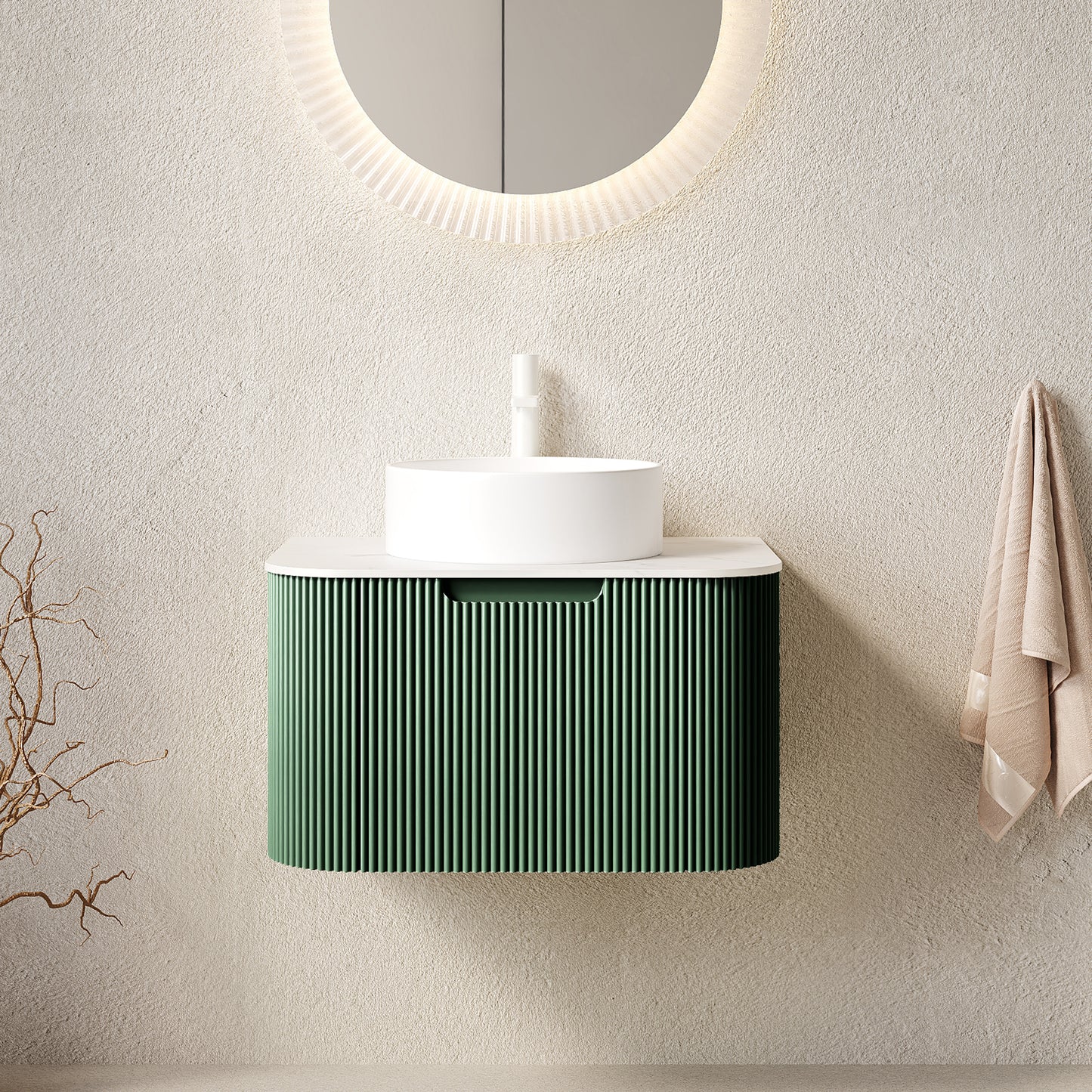 DINA 24" Bathroom Vanity&Sink, Floating Curved Edges Striped Bathroom Storage Plywood Cabinet with Drawer, White Round Ceramic Basin&Carrara White Sintered Stone Top, Pre-assembled, Dark Green Color image 1