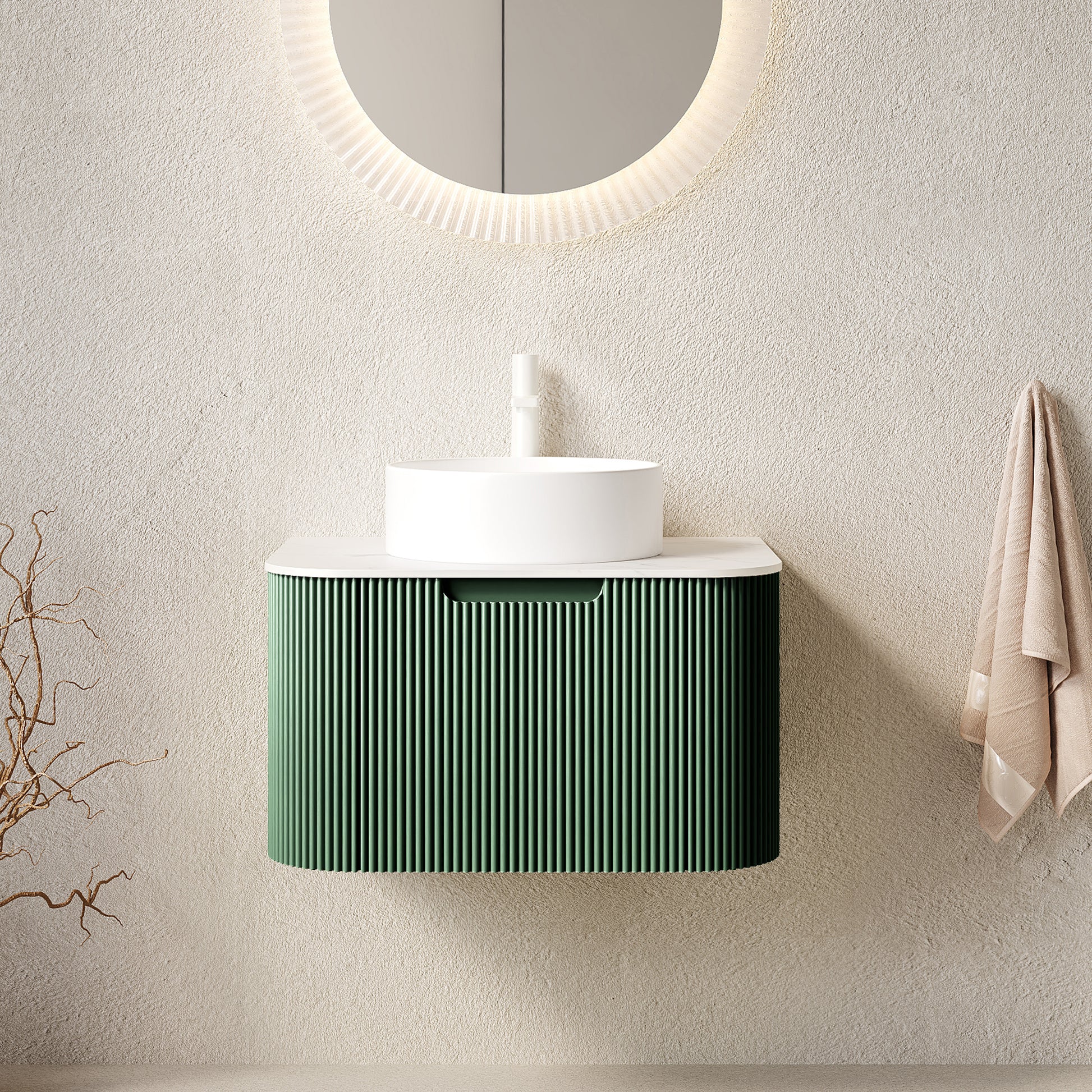 DINA 24" Bathroom Vanity&Sink, Floating Curved Edges Striped Bathroom Storage Plywood Cabinet with Drawer, White Round Ceramic Basin&Carrara White Sintered Stone Top, Pre-assembled, Dark Green Color image 1