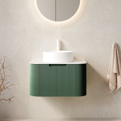 DINA 24" Bathroom Vanity&Sink, Floating Curved Edges Striped Bathroom Storage Plywood Cabinet with Drawer, White Round Ceramic Basin&Carrara White Sintered Stone Top, Pre-assembled, Dark Green Color image 1