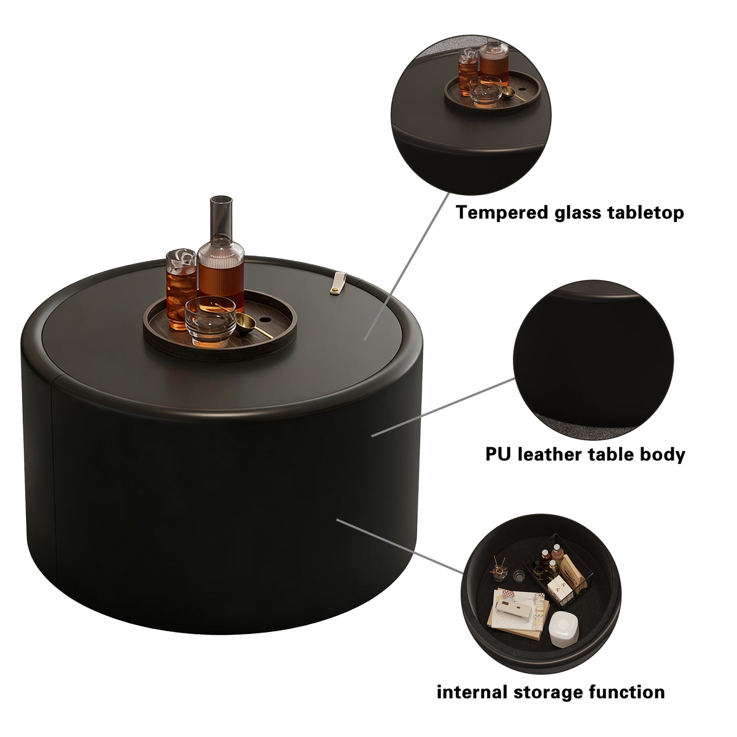 Black Round Coffee Table with Tempered Glass Top, PU Leather Body & Hidden Storage for Living Room, Modern Accent Table image 3