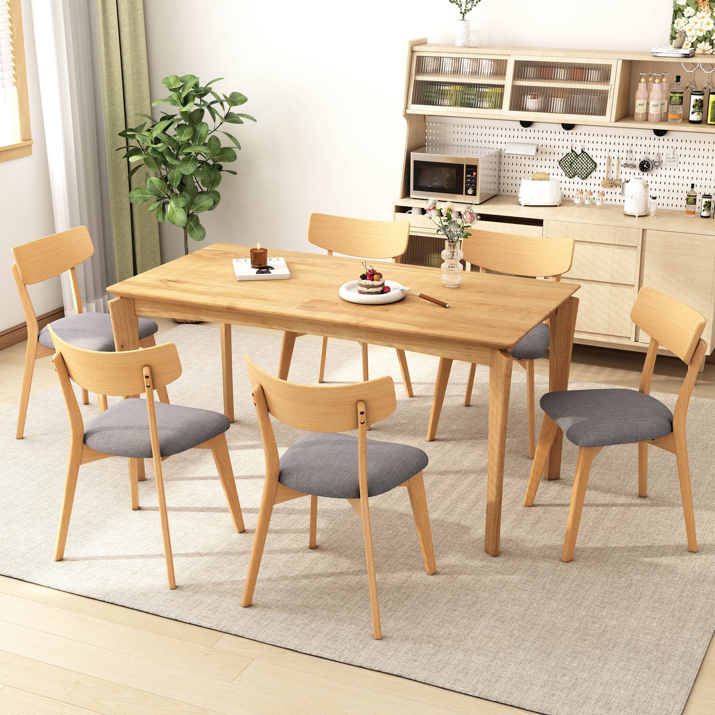 Mid-Century Walnut Finished Frame Upholstered Dining Chairs,Set of 2, Dark Grey+Natural image 2