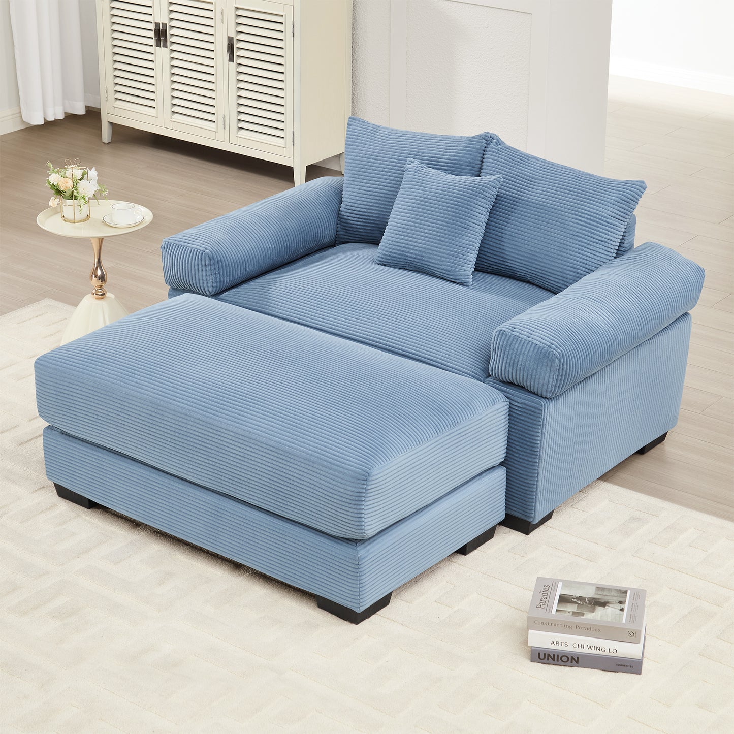54.3" Oversized Cloud Modular Sectional Couch, Corduroy Fabric Extra-Thick Armrests,Throw Pillows Ottoman, Ergonomic Design,Easy Assembly Fits Living Rooms Bedrooms,Blue image 2