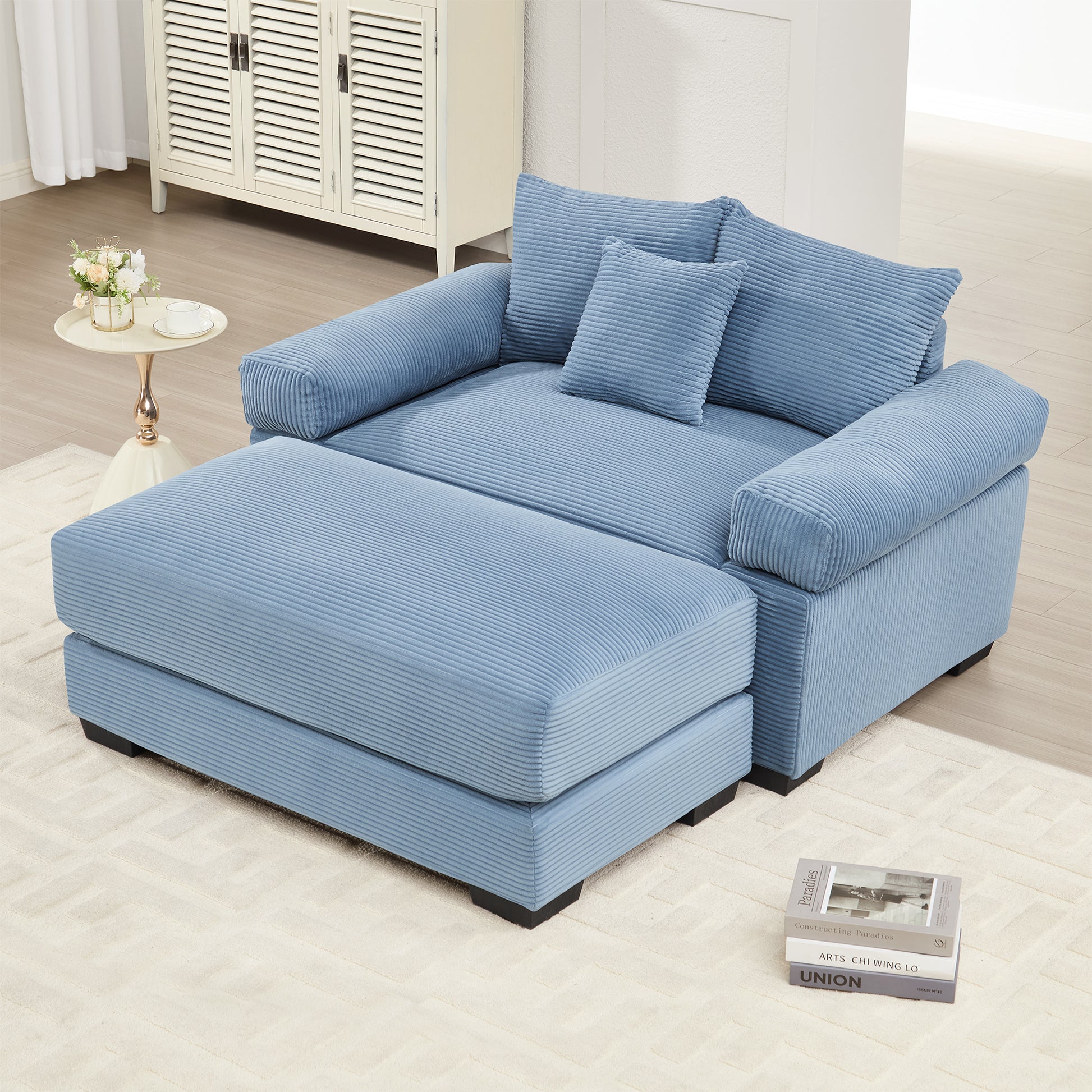 54.3" Oversized Cloud Modular Sectional Couch, Corduroy Fabric Extra-Thick Armrests,Throw Pillows Ottoman, Ergonomic Design,Easy Assembly Fits Living Rooms Bedrooms,Blue image 2