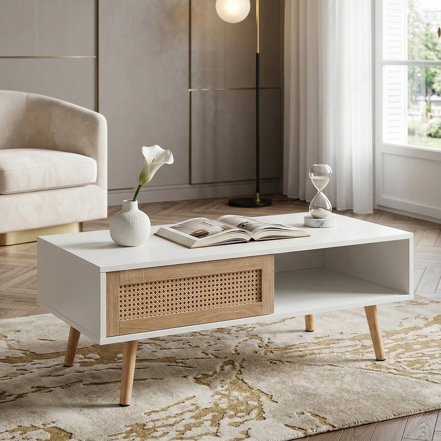 41.34" Rattan Coffee table, sliding door for storage, solid wood legs, Modern table for living room,White image 5