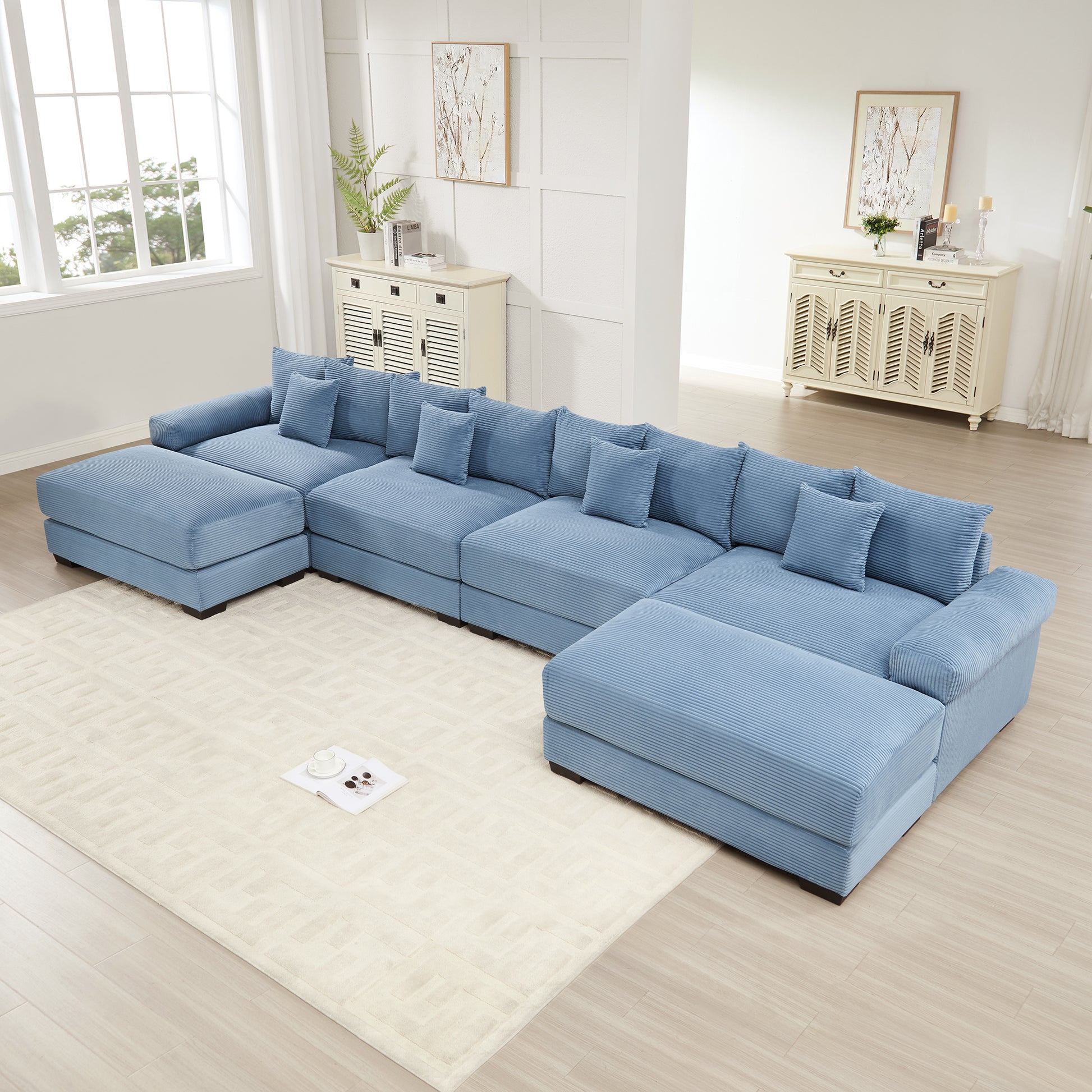 170"Oversized Cloud Modular U-Shape Sectional Couch,Premium Corduroy Fabric With An Ottoman,Deep Seat Wide Armrests,8 Throw Pillows Good Resilience Cushion,Easy Assembly, For Living Rooms Studies,Blue image 1