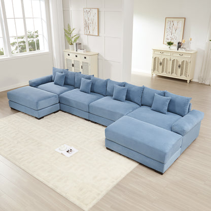 170"Oversized Cloud Modular U-Shape Sectional Couch,Premium Corduroy Fabric With An Ottoman,Deep Seat Wide Armrests,8 Throw Pillows Good Resilience Cushion,Easy Assembly, For Living Rooms Studies,Blue image 1