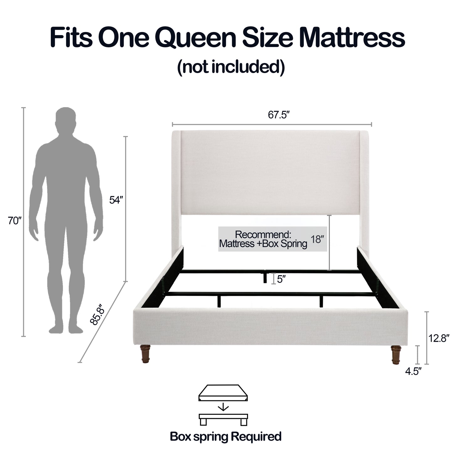 Hayden Upholstered Wingback Bed Size Queen / Tall 54" Headboard Upholstered Queen Bed / Without Wooden Slats / Box Spring Request / Queen / Textured Ivory Canvas / Elegant Simplicity / Easy Assembly image 10