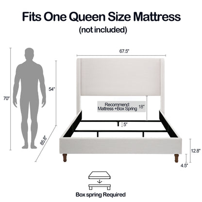 Hayden Upholstered Wingback Bed Size Queen / Tall 54" Headboard Upholstered Queen Bed / Without Wooden Slats / Box Spring Request / Queen / Textured Ivory Canvas / Elegant Simplicity / Easy Assembly image 10