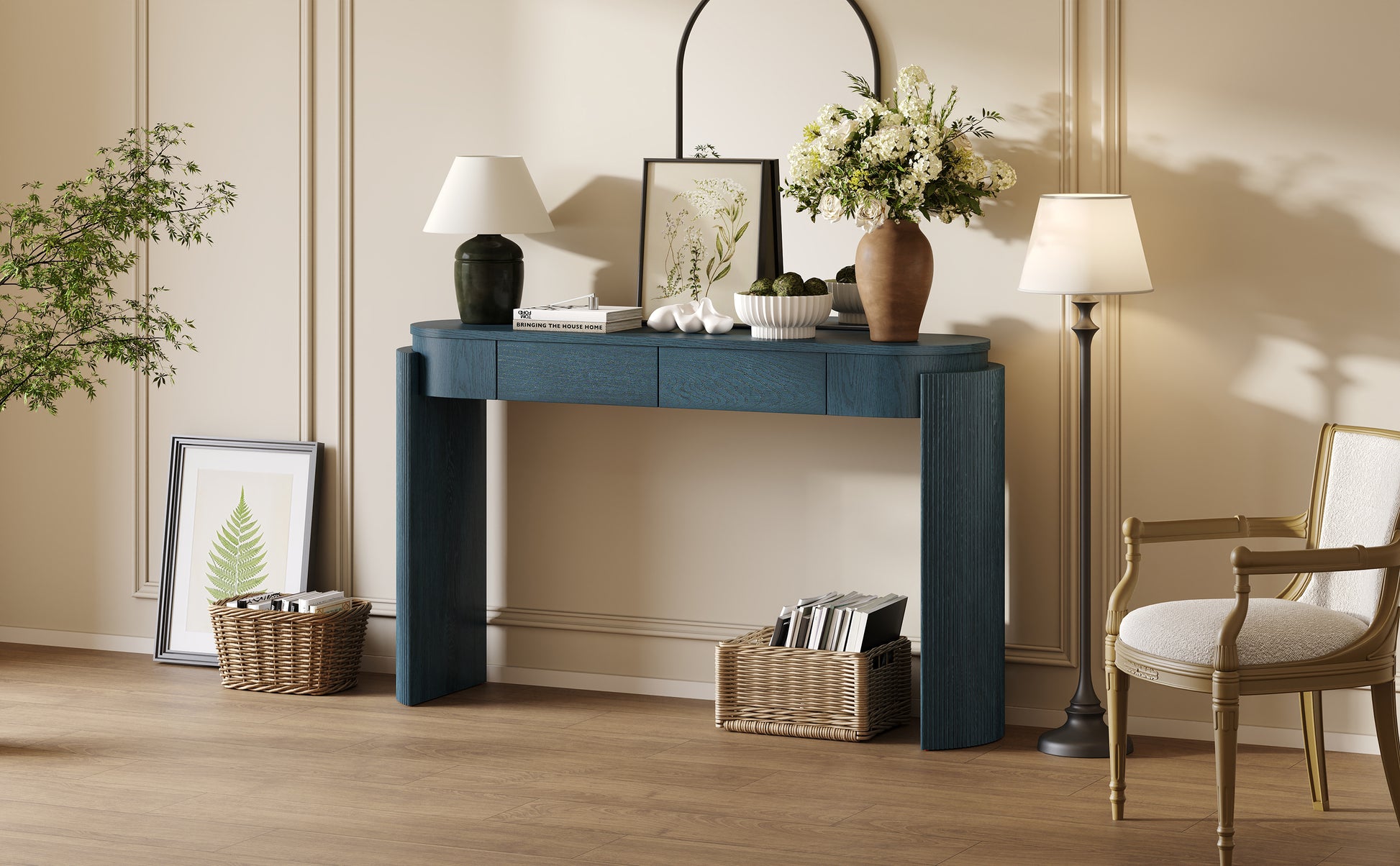 TREXM Entryway Table with Natural Wood Grain Finish, Console Table with Fluted Design, Oval Top and 2 Drawers for Entryway and Living Room (Navy) image 5