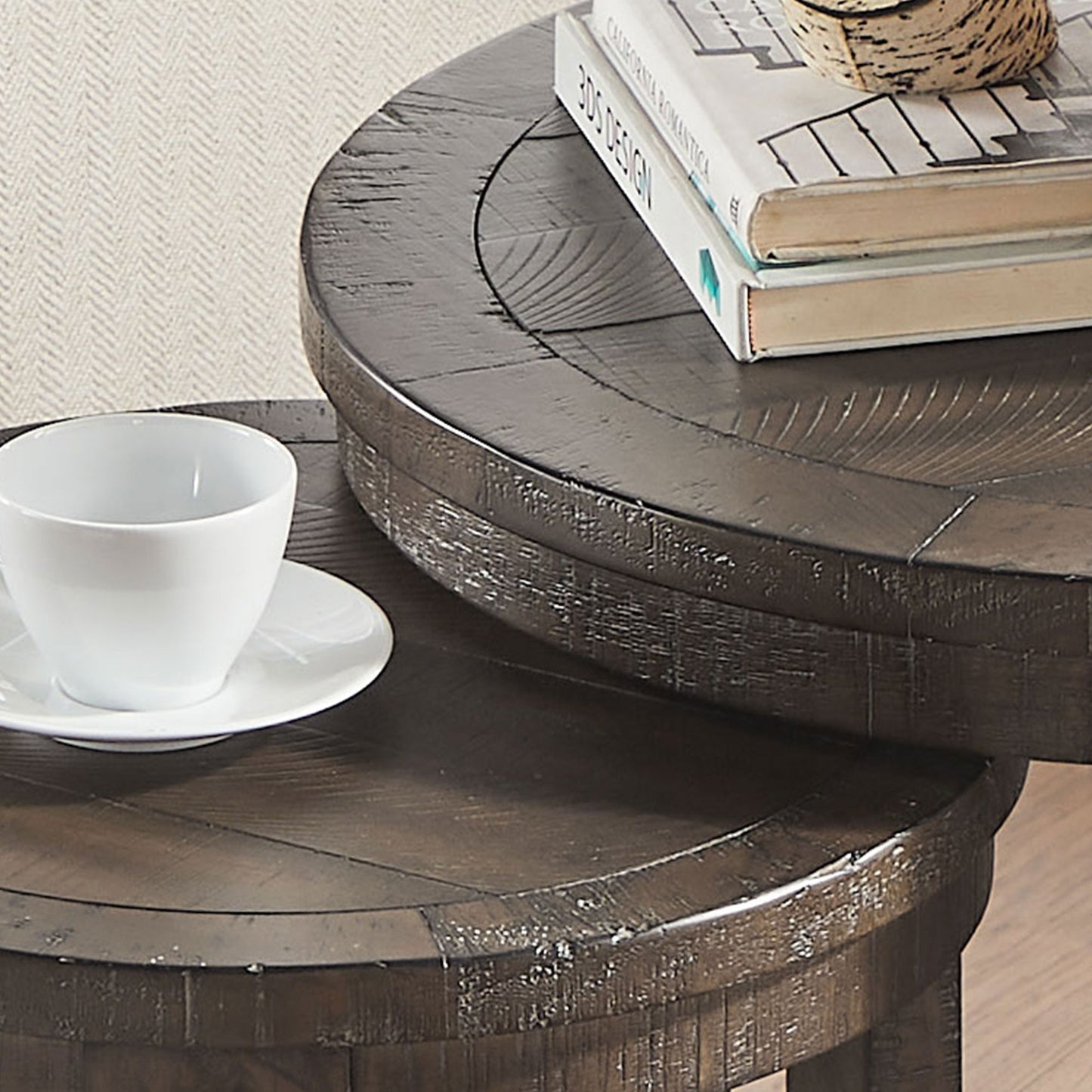 24 inch 2PCS Curved Traditional Round Circle Wooden Coffee Table Set,Mid Century Rustic Style Side Table,End Table for living Room,Office,Apartmen,Drak Brown image 12