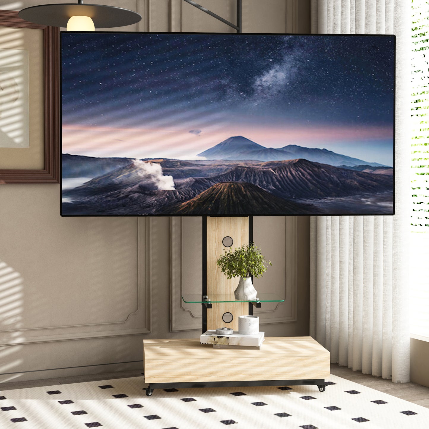 TV stand with push-pull drawer for Living Room, Bedroom,Offices,Mobile TV Cart for 32-75 inches,Wood &glass TV Stand,Floor Stand with Mount on Lockable Wheels,Natural image 1