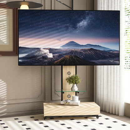 TV stand with push-pull drawer for Living Room, Bedroom,Offices,Mobile TV Cart for 32-75 inches,Wood &glass TV Stand,Floor Stand with Mount on Lockable Wheels,Natural image 1