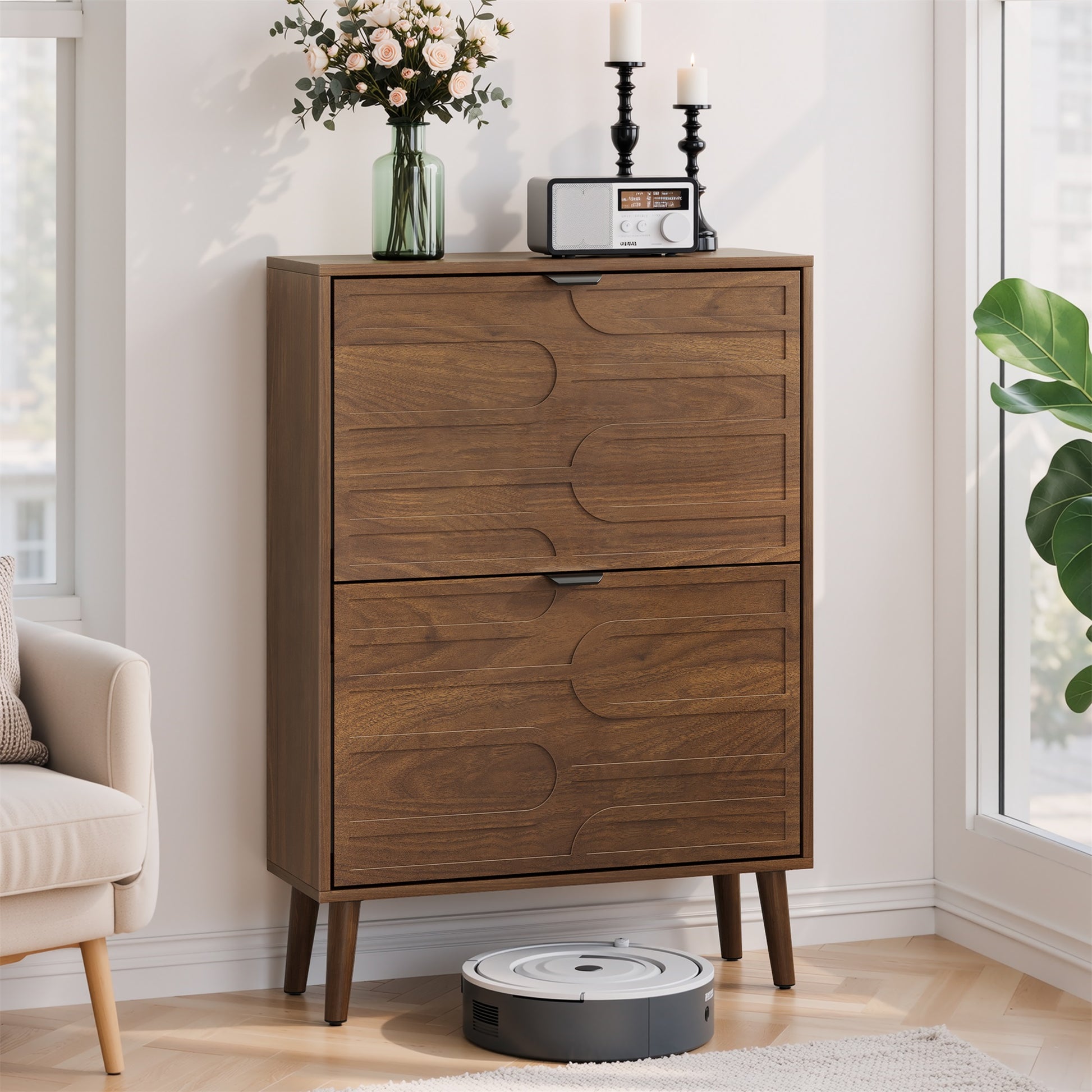 Medieval Modern Independent Shoe Cabinet, 23.62-inch Walnut Shoe Storage Cabinet, Fence Shoe Cabinet with 2 Flip Drawers, Suitable For Corridors And Entrances image 7