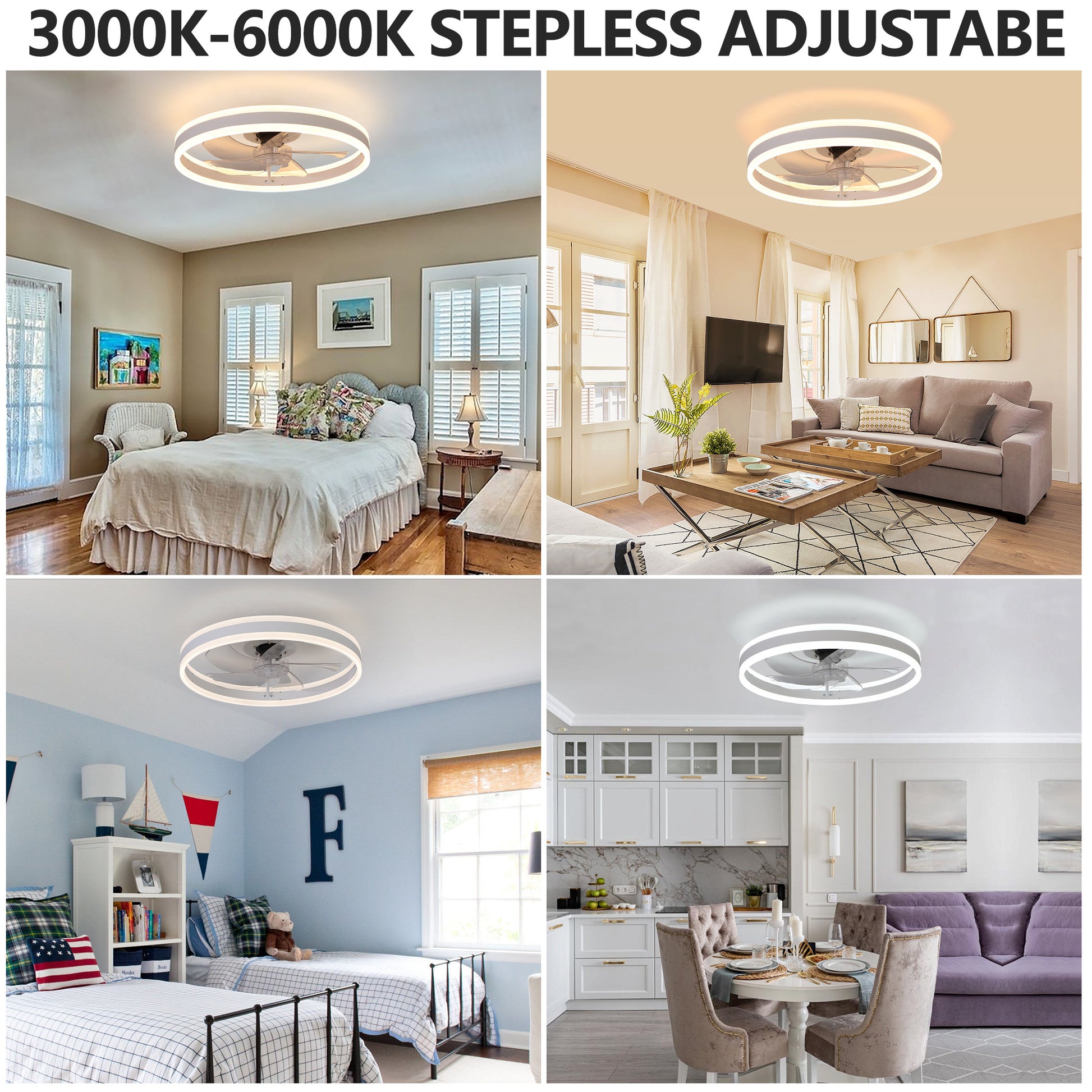 20" Flush Mount Ceiling Fans with Lights and Remote, 3000K-6000K Dimmable LED Fandelier Low Profile Chandelier Ceiling Fan for Bedroom Living Room, White image 4