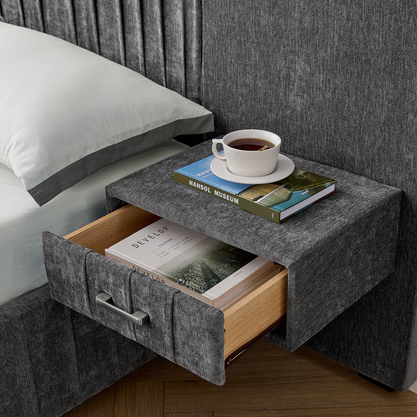 Queen Size Upholstered Bed Frame with Chenille fabric with pleated design,Grounded Queen Size Platform Bed with Headboard and Solid Frame and the bedside table.No Box Spring Needed-DARK GREY image 9