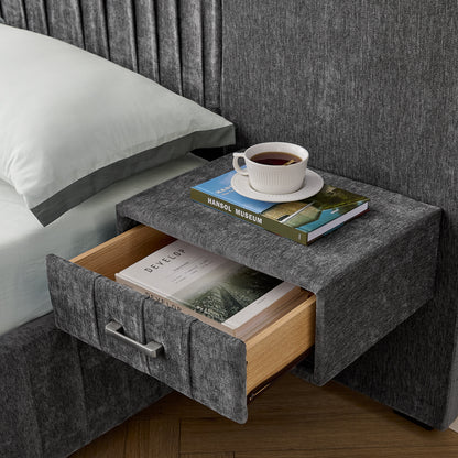 Queen Size Upholstered Bed Frame with Chenille fabric with pleated design,Grounded Queen Size Platform Bed with Headboard and Solid Frame and the bedside table.No Box Spring Needed-DARK GREY image 9