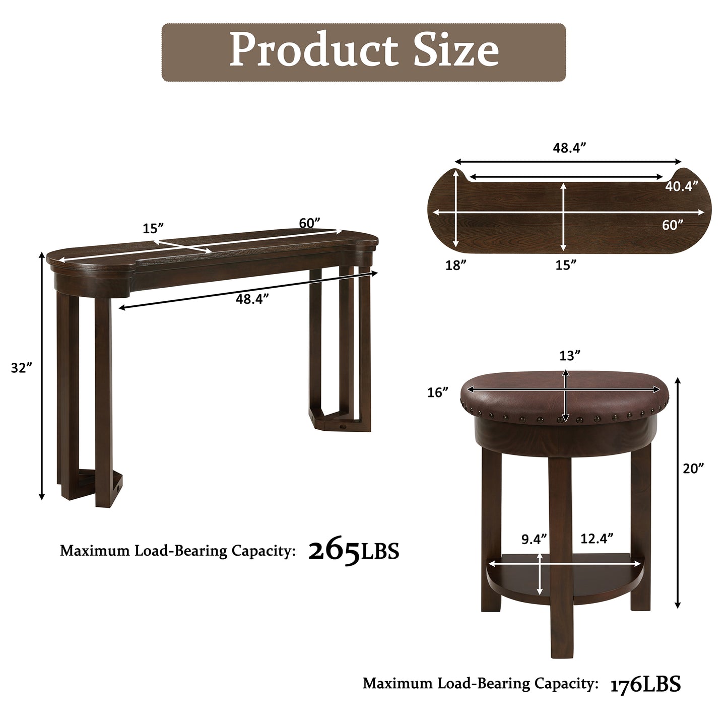 4 Piece Bar Table Set with3 PU Upholstered Bar Stools, Breakfast Table with 3 Padded Stools Solid Wood Counter Height Dining Table Set for Living Room, Dining Room. Espresso image 8