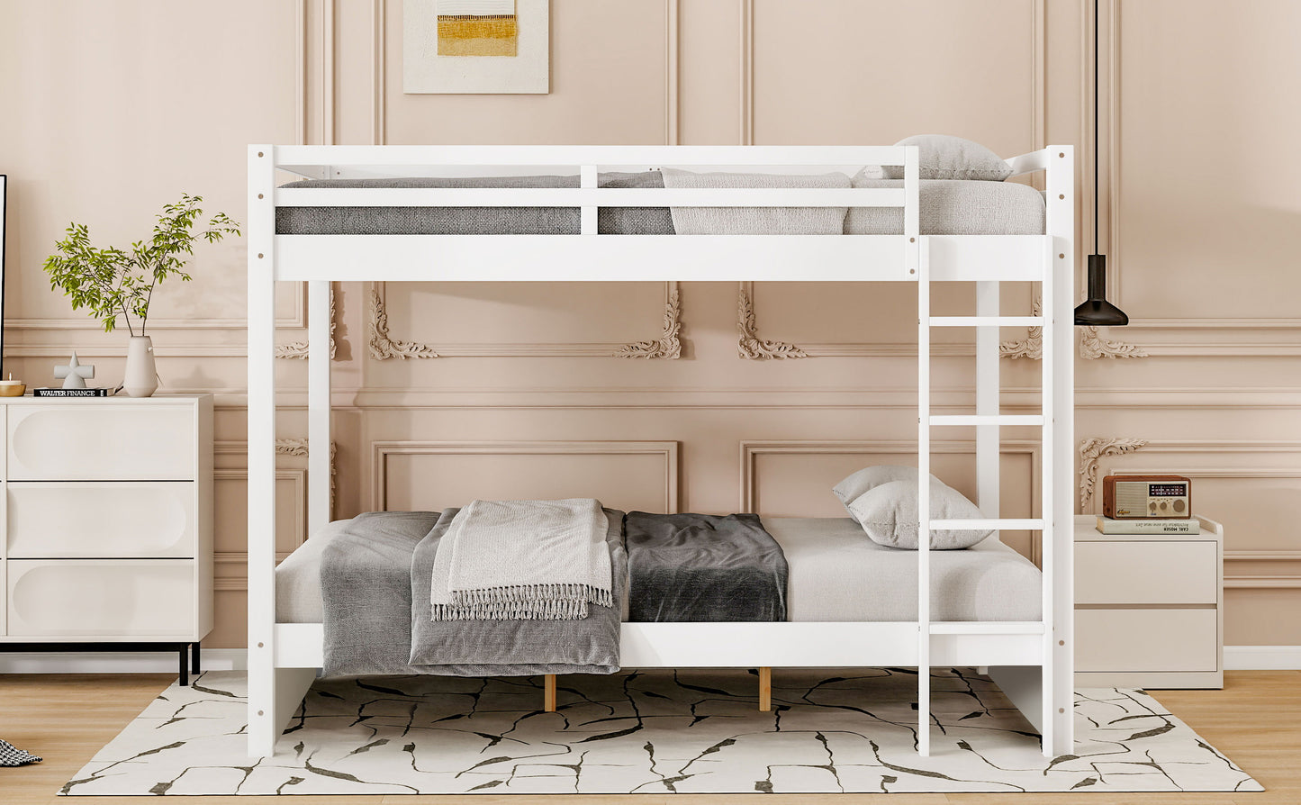 Wood Queen Size Bunk Bed with Ladder, White image 4