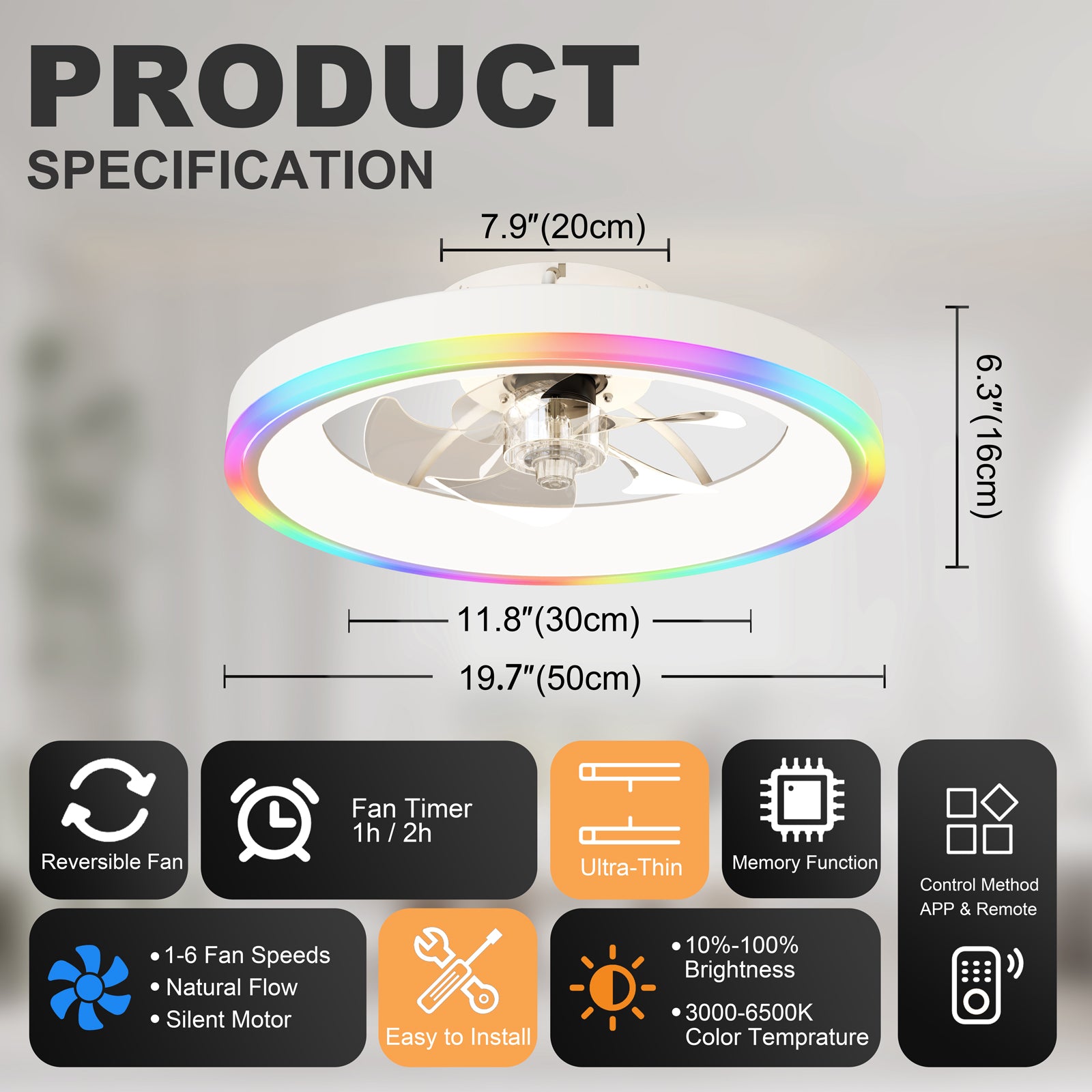 19.7" Modern RGB Ceiling Fan with Lights, Flush Mount Low Profile Fan with Remote & APP, 6-Speed Reversible Silent DC Motor, Dimmable 3000-6500K LED for Bedroom, White image 8
