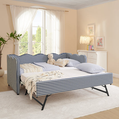 Cozy Gingham Daybed with Trundle Twin Size Sofa Bed No Box Spring Needed, with USB Port and Adorable Wave Shaped, Linen Fabric, Navy image 2