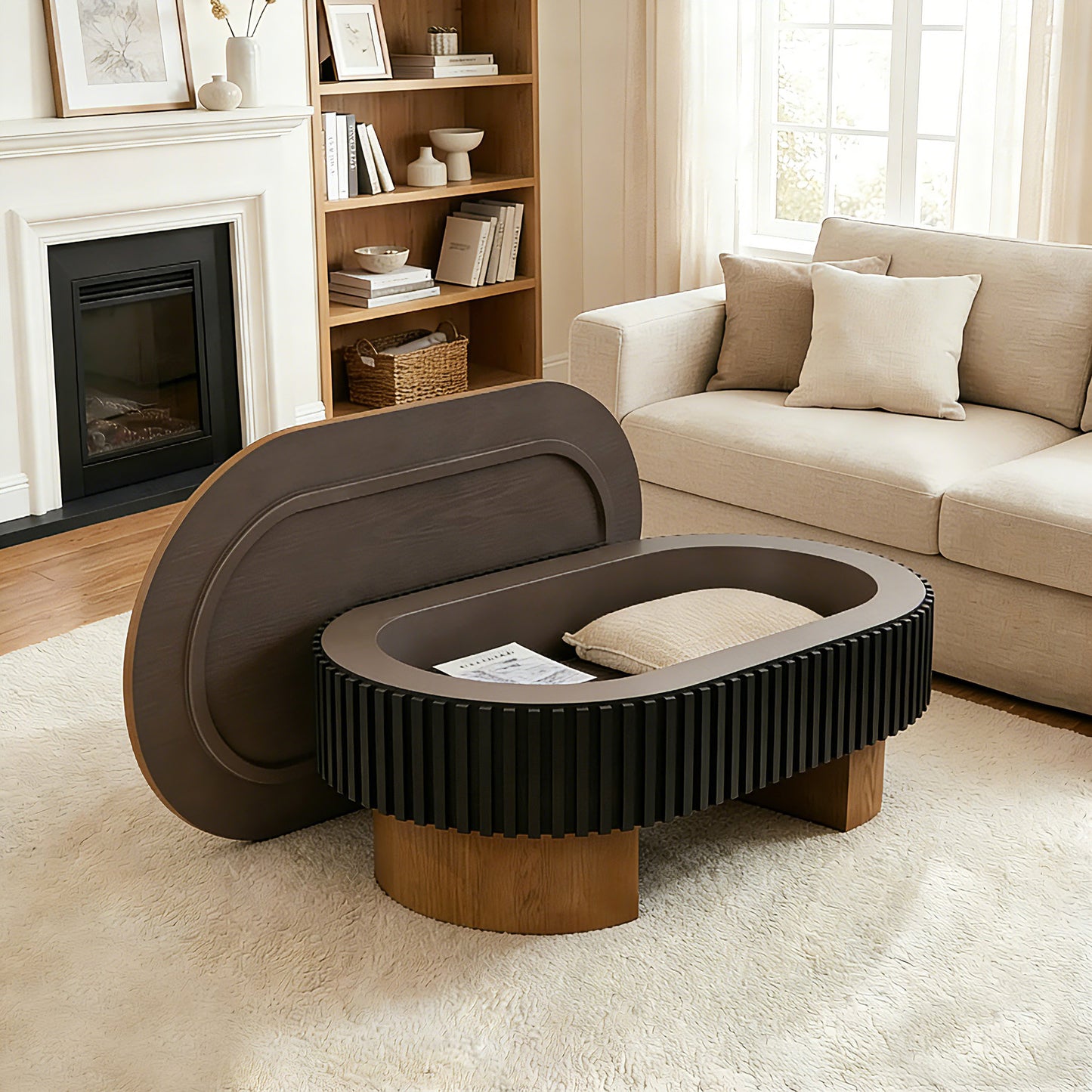 43.7" Oval Coffee Table With Hidden Storage,Fluted Modern Minimalist Wood Coffee Table for Living Room, Oval Center Table, Walnut + Black. image 9
