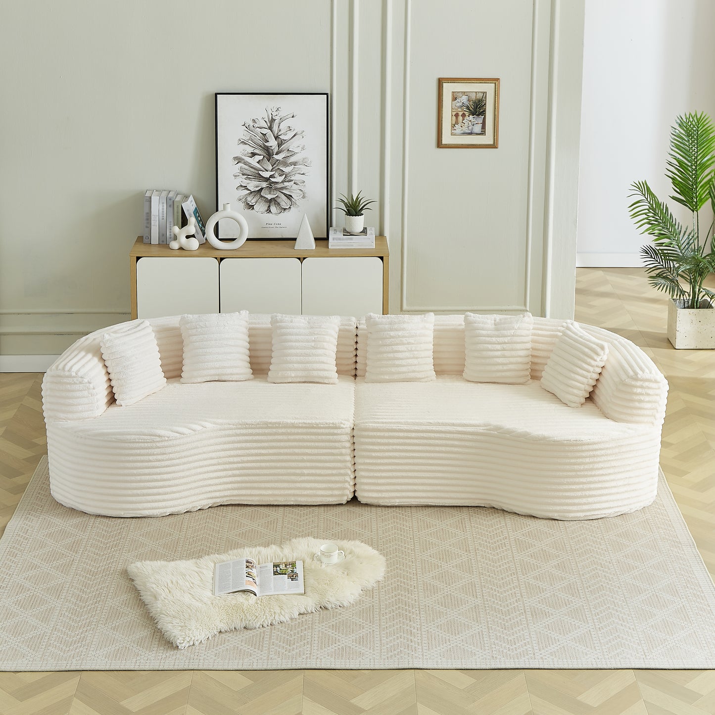Curved Sectional Sofa, 111.5-inch Oversized Modern Bone-Free Cloud Sofa with 6 Pillows Luxury Corduroy Four-Seater Memory Foam Sofa with Deep Seat Design,beige W3505P355585 image 10