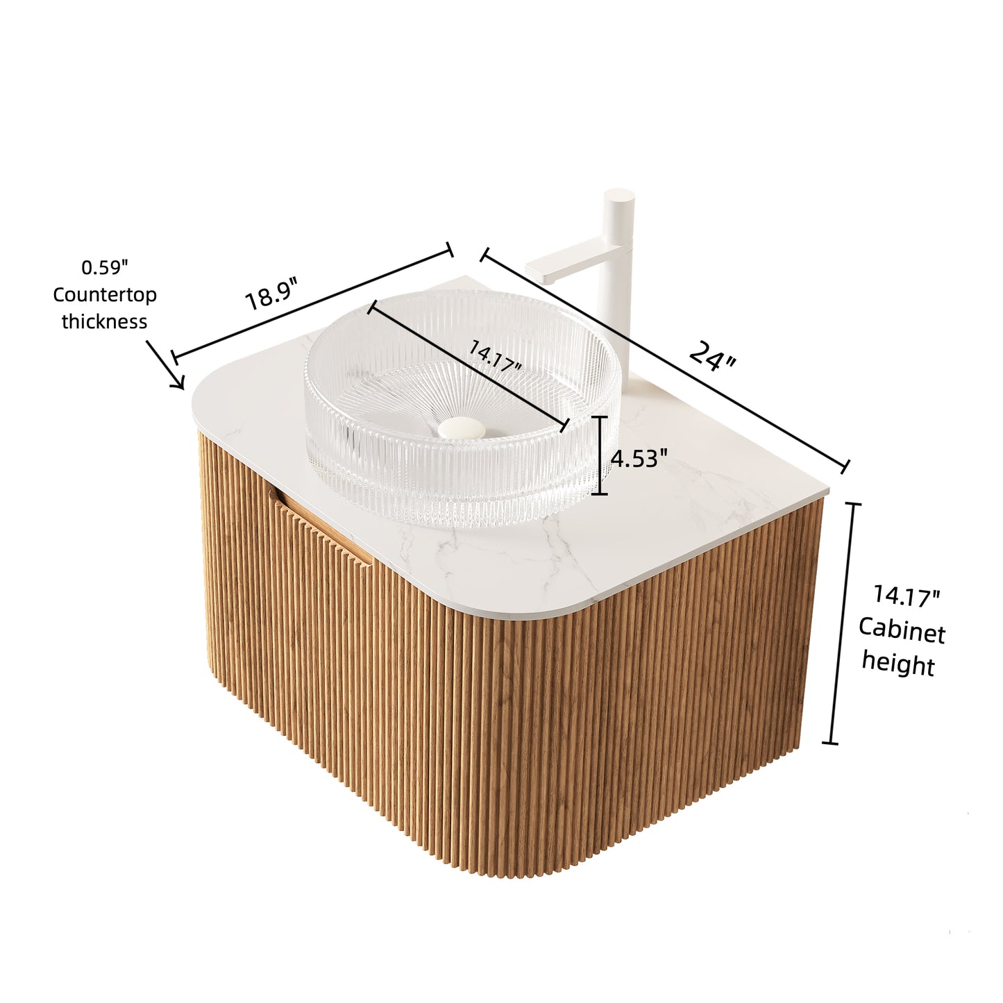 DINA 24" Bathroom Vanity with Sink, Wall-Mounted Floating Curved Edges Striped Storage Cabinet with Drawer, Transparent Round Glass Basin and Countertop, Pre-assembled, Natural Woodgrain Color image 5