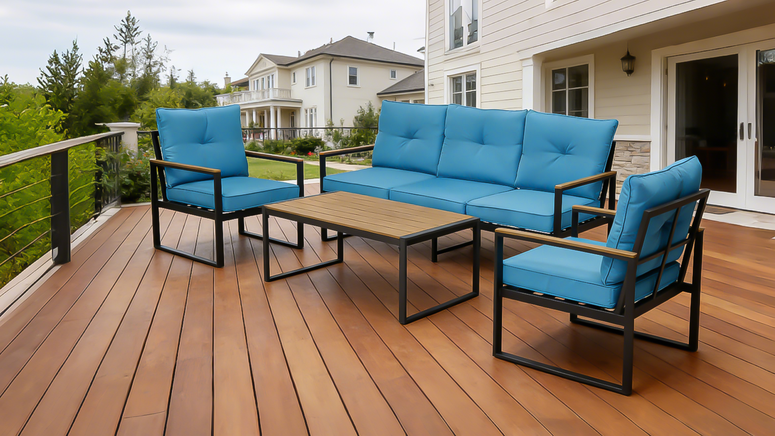 Steel Outdoor Patio Table, All-Weather Patio Tables for Outside with PS Wood-Like Table Top, Modern Rectangle Coffee Table for Porch, Balcony, Deck, Yard, Black image 4