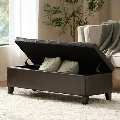 Ottoman Bench with Storage, Dark Brown PU Surface, Rubber Wood Legs, 300 lbs Capacity image 1