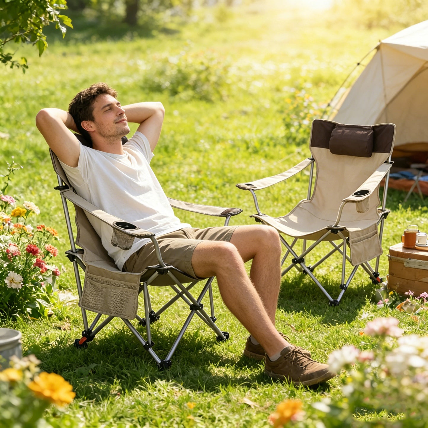 2PCS Outdoor Camping Chairs Folding/Portable/Adjustable reclining chair(Three-level adjustment), Side Pockets & Cup Holder,Carry Bag,Beige image 7