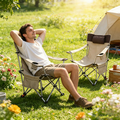 2PCS Outdoor Camping Chairs Folding/Portable/Adjustable reclining chair(Three-level adjustment), Side Pockets & Cup Holder,Carry Bag,Beige image 7