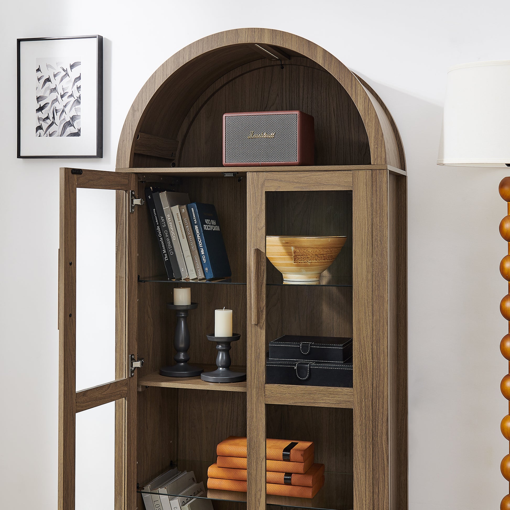 A high arched storage cabinet with a lamp, a modern retro-style wooden storage cabinet with adjustable glass partitions, suitable for use as a multi-functional cabinet in kitchens-Brown image 6