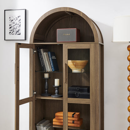 A high arched storage cabinet with a lamp, a modern retro-style wooden storage cabinet with adjustable glass partitions, suitable for use as a multi-functional cabinet in kitchens-Brown image 6