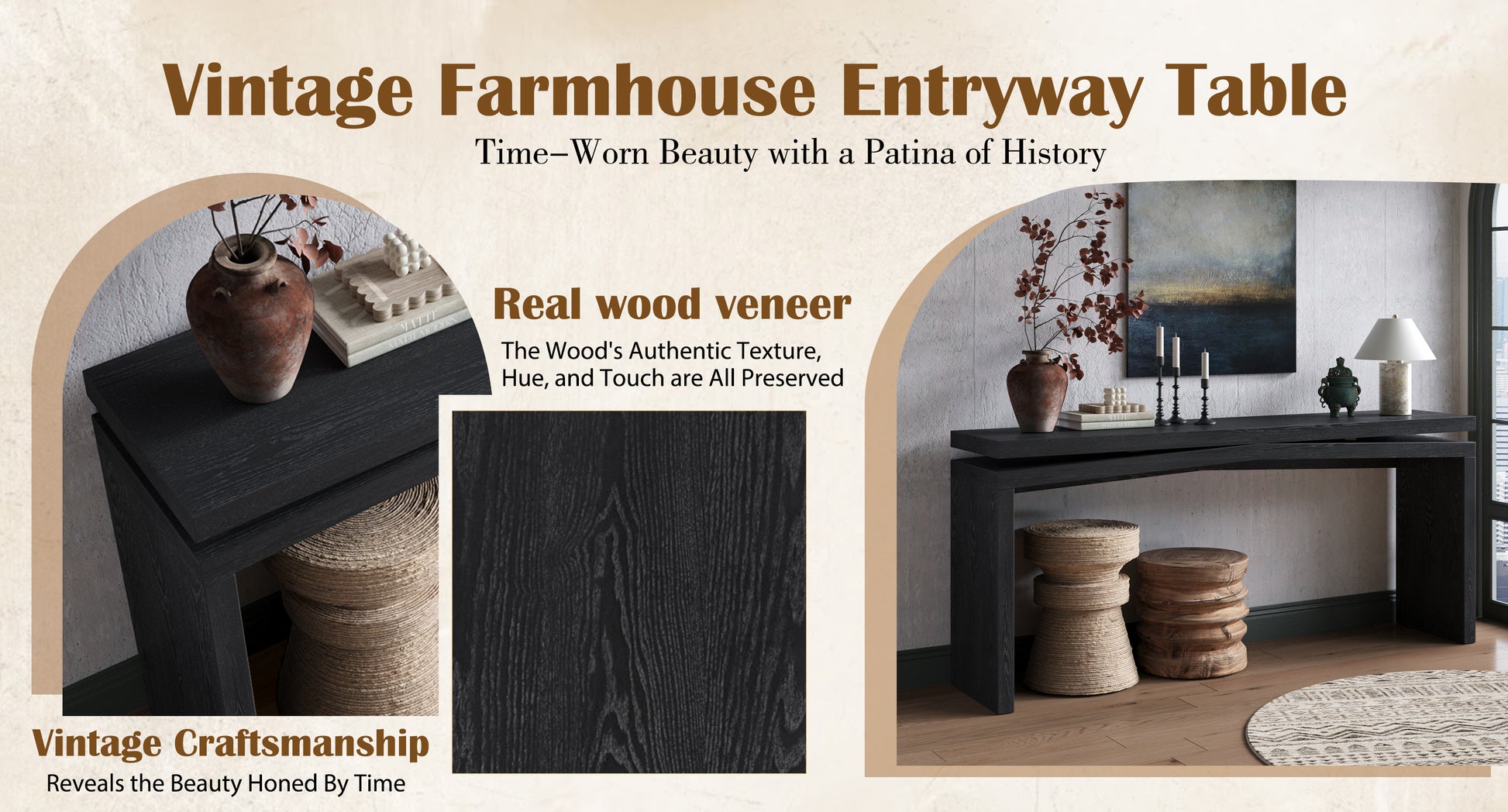65-Inch Rustic Solid Wood Veneer Console Table, Long Farmhouse Entryway Sofa Table for Living Room, Hallway, Behind Couch, Apartment, Black image 7