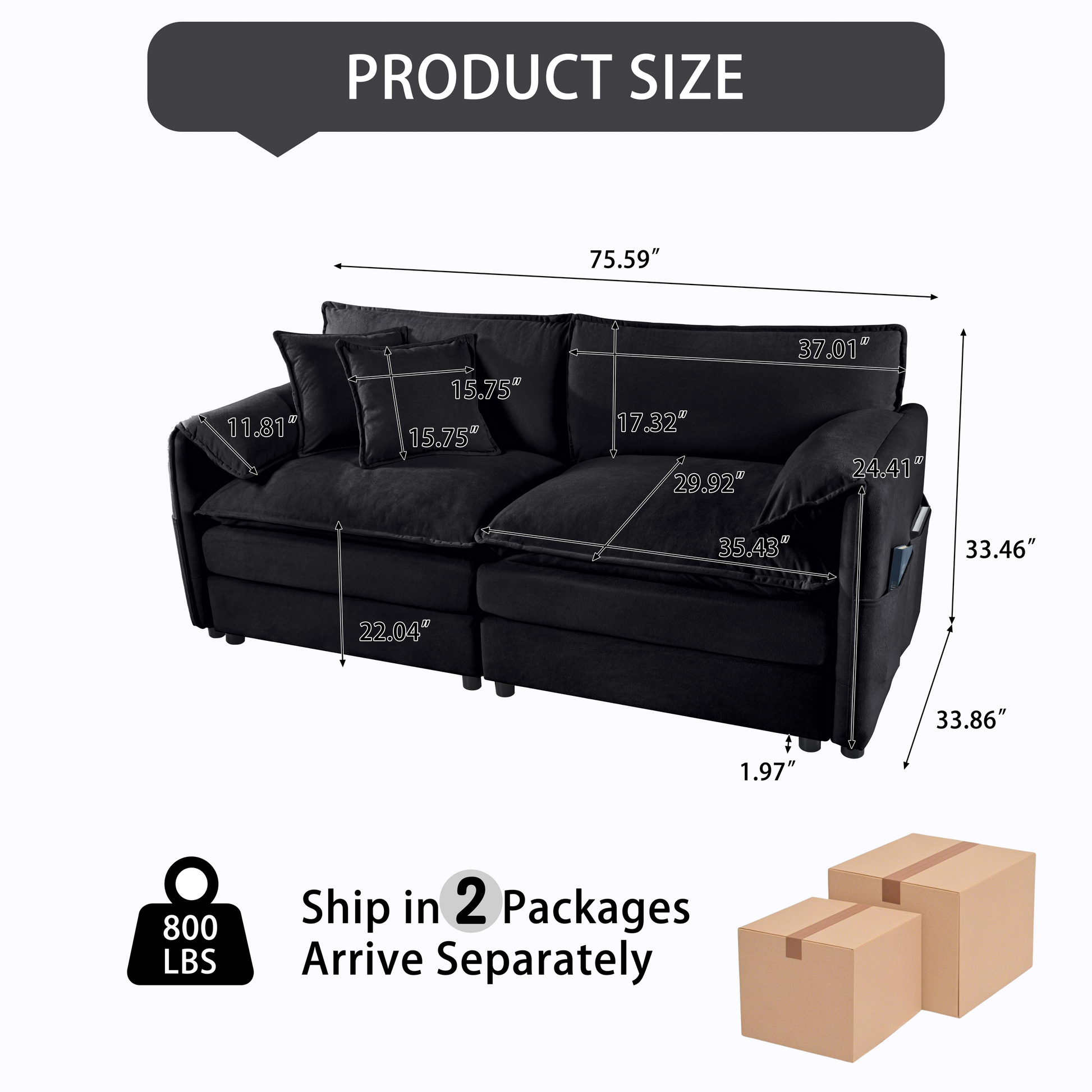 (Old:W3163S00006) Oversized Chenille Loveseat Sofa, Oversized 2-Seater Small Cloud Couch, Modern Comfy Deep Seat Love Seat for Living Room Bedroom Office Apartment,DIY Combination,Chenille,Black image 2