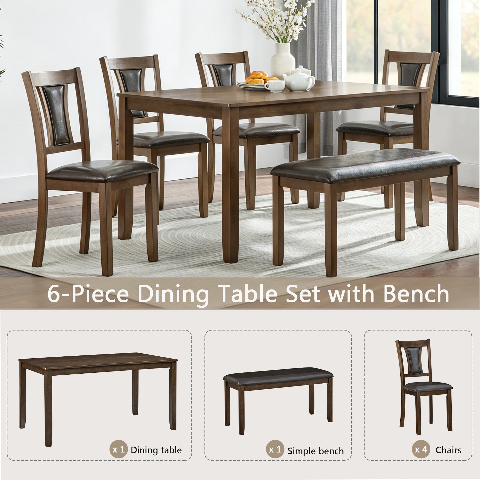 6-Piece Dining Table Set with Bench and Chairs, Wooden dining table set for 6 people, Farmhouse Rustic Style 6 Person Dining Table Set for Dining Room, Kitchen, Walnut image 6