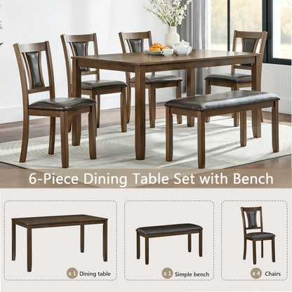 6-Piece Dining Table Set with Bench and Chairs, Wooden dining table set for 6 people, Farmhouse Rustic Style 6 Person Dining Table Set for Dining Room, Kitchen, Walnut image 6
