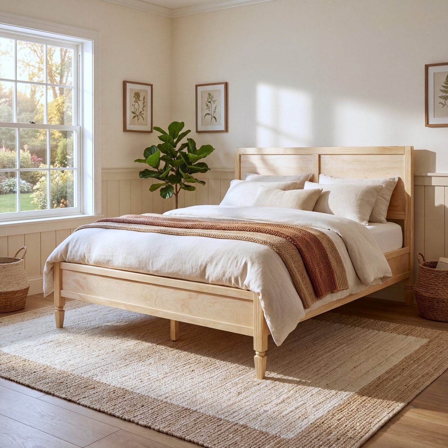 Queen Size Wood Platform Bed Frame with Classic Panel Headboard, Wooden Slats Support, No Box Spring Needed, Easy Assembly, Natural image 1