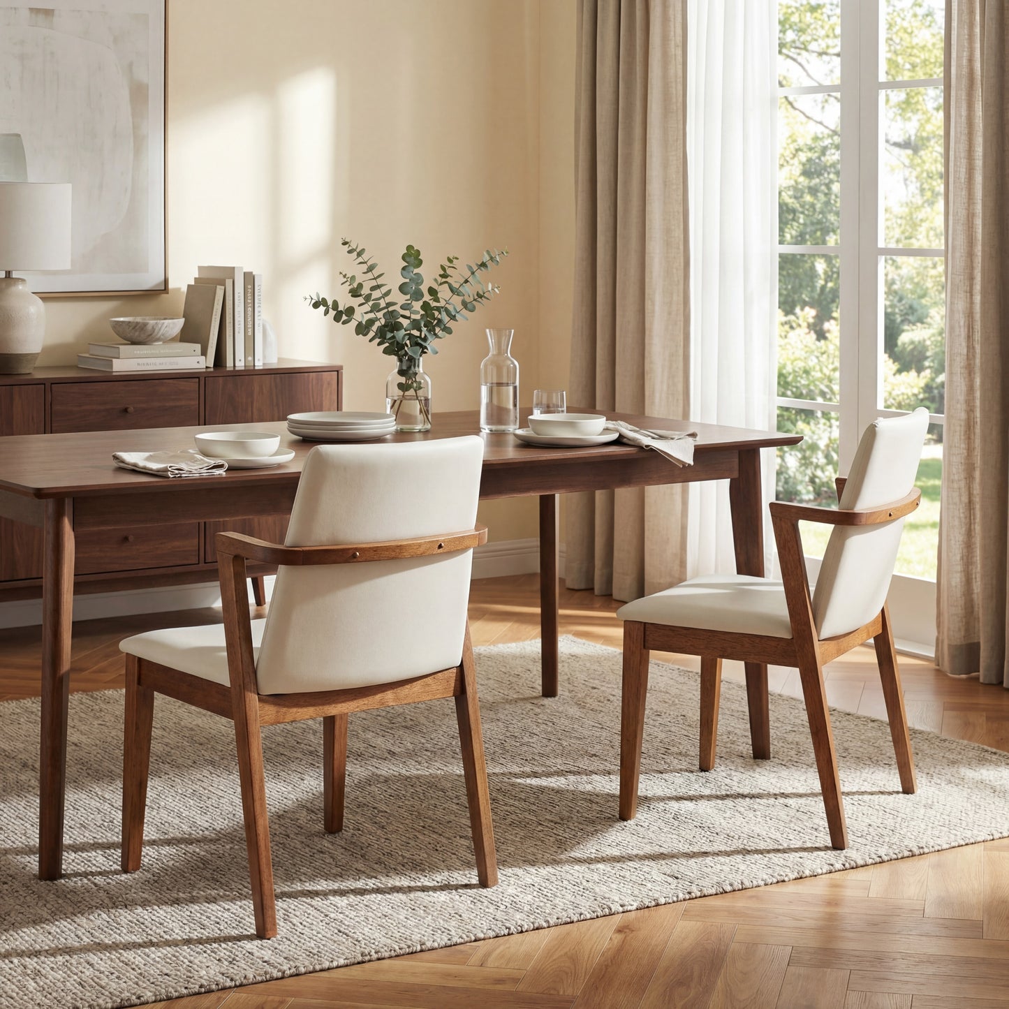 Mid-Century Modern Dining Chairs Set of 2 - Beige PU Upholstered Armchairs with Walnut Color Rubber Wood Frame, 250lbs Capacity for Kitchen & Dining Room image 2