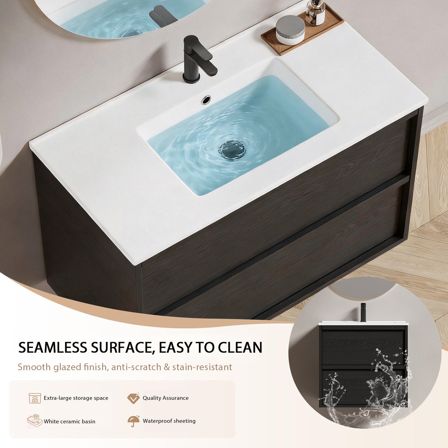 36 Inch Bathroom Vanity Cabinet With Ceramic Sink - Gray Wall Mounted Floating Fluted Vanity With Drawers, Modern image 4