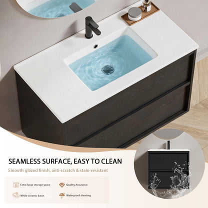 36 Inch Bathroom Vanity Cabinet With Ceramic Sink - Gray Wall Mounted Floating Fluted Vanity With Drawers, Modern image 4